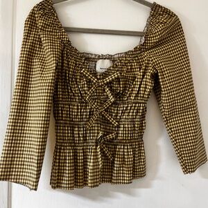 Reformation Plaid Blouse in Brown and Yellow